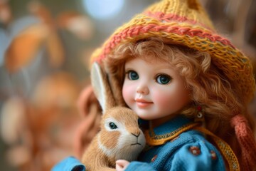 adorable doll girl joyfully cuddles knitted hare, Generative AI