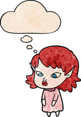 cartoon elf girl with pointy ears and thought bubble in grunge texture pattern style