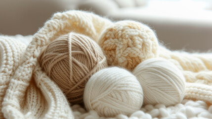 Balls of wool, white, ivory and beige shades