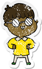 distressed sticker of a cartoon boy wearing spectacles