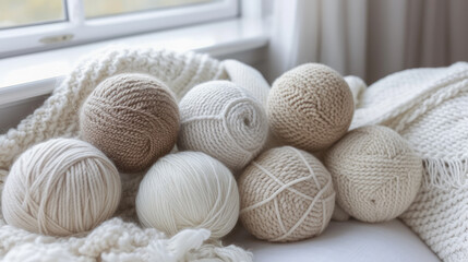 Fototapeta na wymiar Balls of wool, white, ivory and beige shades