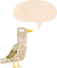 cartoon bird and speech bubble in retro textured style