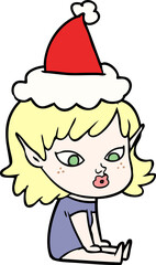 pretty line drawing of a elf girl wearing santa hat