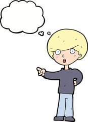 cartoon pointing boy with thought bubble