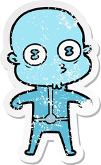 distressed sticker of a cartoon weird bald spaceman