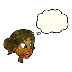 cartoon friendly woman with thought bubble