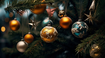The Christmas tree is decorated with beautiful balls with patterns. Merry Christmas and Happy New Year. Festive bright beautiful background