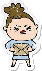 distressed sticker of a cartoon angry woman