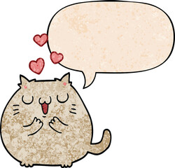 cute cartoon cat in love and speech bubble in retro texture style