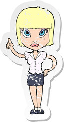 retro distressed sticker of a cartoon pretty girl with idea