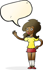 cartoon pretty woman waving for attention with speech bubble