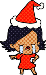 comic book style illustration of a girl crying and pointing wearing santa hat