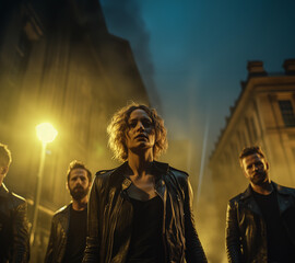 Portrait of three band members standing in a dark street at night