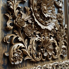 Exquisite Wooden Carving of Floral and Foliage Patterns as a Decorative Showpiece