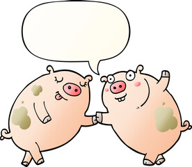 cartoon pigs dancing and speech bubble in smooth gradient style