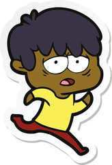 sticker of a cartoon exhausted boy