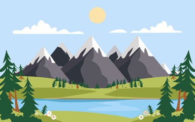 Fototapeta premium Bright vector landscape image, featuring mountains, green fields with flowers, trees, and a sunny sky. Ideal for nature themed designs and backgrounds