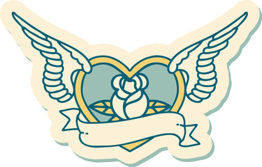 tattoo style sticker of a flying heart with flowers and banner