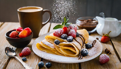 Delicious Chocolate Crepe Breakfast - Fresh Crepe - Berries - Fruit - Coffee - Fresh Breakfast - Morning Meal - obrazy, fototapety, plakaty