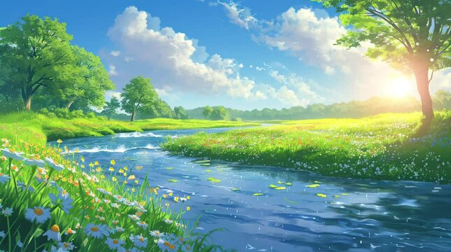 Summer countryside landscape with flat and low land, Typical Dutch polder with green meadow and the fence,   Seamless looping 4k time-lapse virtual video animation background. Generated AI	