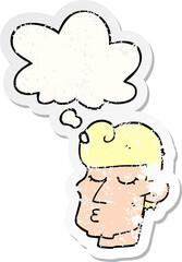 cartoon handsome man and thought bubble as a distressed worn sticker