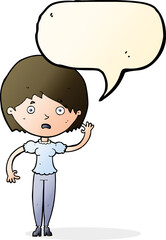 cartoon waving woman with speech bubble