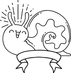 banner with black line work tattoo style happy snail