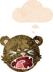 cute cartoon teddy bear face and thought bubble in retro textured style