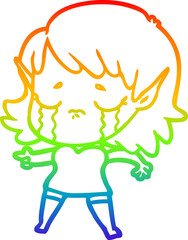 rainbow gradient line drawing cartoon crying elf girl