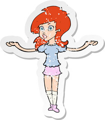 retro distressed sticker of a cartoon confused pretty girl