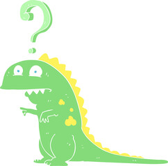 flat color illustration of a cartoon confused dinosaur