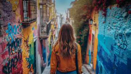 Naklejka premium Exploring Urban Art - A Wanderer in the Colorful Alley