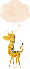 cartoon giraffe and thought bubble in retro textured style