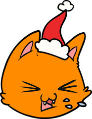 spitting line drawing of a cat face wearing santa hat