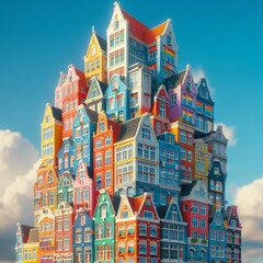Illustration of colorful stacked Dutch houses - obrazy, fototapety, plakaty