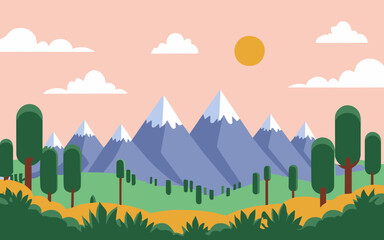 Bright vector landscape image, featuring mountains, green fields with flowers, trees, and a sunny sky. Ideal for nature themed designs and backgrounds