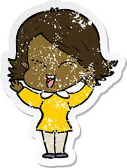 distressed sticker of a happy cartoon girl