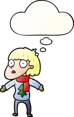 cartoon surprised christmas person and thought bubble in smooth gradient style