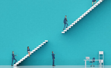 Businessman working out how to get on a ladder.  Business environment concept with stairs and opened door, representing career, advisory, growth, success, solution and achievement.