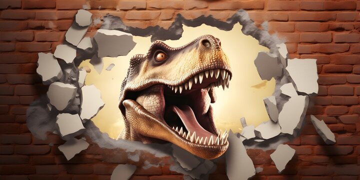 Stock photo banner featuring a dinosaur emerging from a torn hole in a brick wall, with ample side copy space