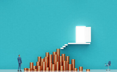 Businessman stay next to coin stacks and trying to get to the open door. Business environment concept with stairs representing career, advisory, growth, success, solution and achievement.