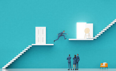 Businessman taking a risk, jumping between platforms in order to get better position.g Business environment concept with stairs and opened door, representing career, success, solution and achievement.