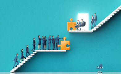 Business people asking for advice. Business environment concept with stairs and open door, representing career, advisory, growth, success, solution and achievement.