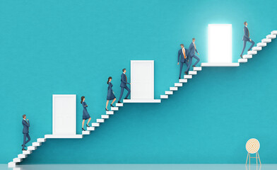 Business people walking up stairs. Business environment concept with stairs and opened door, representing career, advisory, growth, success, solution and achievement.