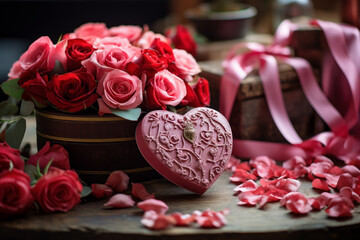 Fototapeta na wymiar St. Valentine's Day. Romantic Floral Arrangement With Pink Roses and Heart-Shaped Gift Box