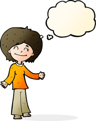 cartoon happy woman with thought bubble