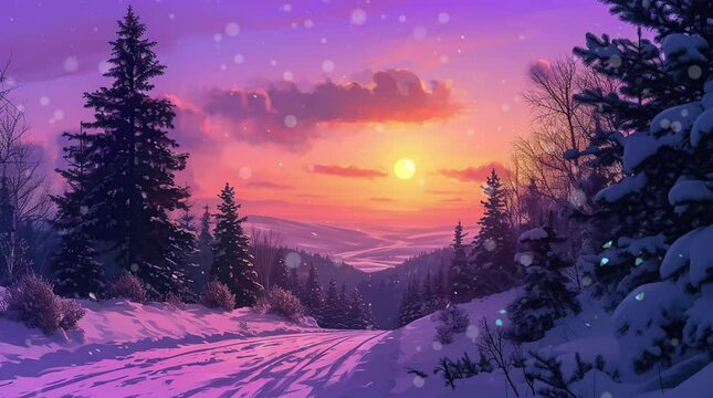 Amazing sunset in the mountains. Sunset winter landscape with snow-covered pine trees in violet and pink colors.  Seamless looping 4k time-lapse virtual video animation background. Generated AI	