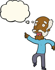 cartoon frightened old man with thought bubble