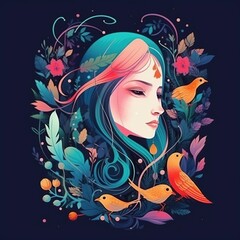 Naklejka premium illustration, woman's face with flowers, leaves and birds with vibrant colors, fantasy