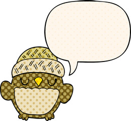 cute cartoon owl in hat and speech bubble in comic book style
